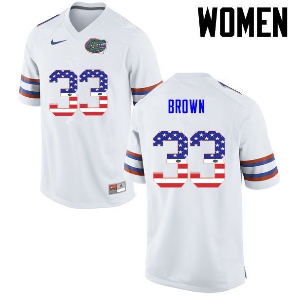 Florida Gators Women #33 Mack Brown College Football Jersey USA Flag Fashion White